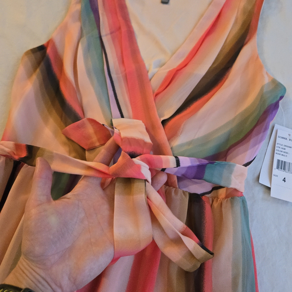 Donna Ricco Multicolor Bright Rainbow Striped Nude Maxi Wrap Front Dress CW3 - Picture 8 of 14